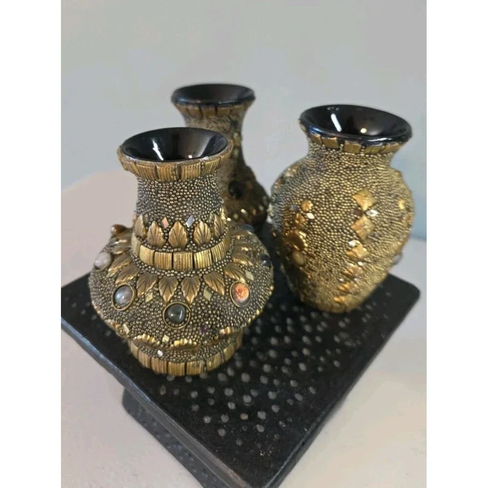 Set Of 3 Vtg Ceramic Bud Vases Hand Decorated w/ Beads, Mirrors, Natural Stones